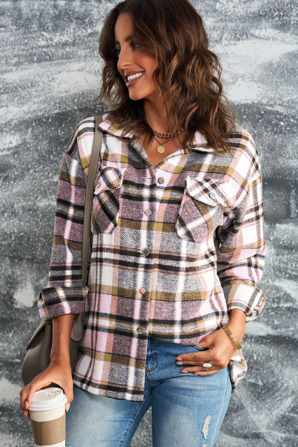 Plaid Button Front Shirt Jacket with Breast Pockets in - photo