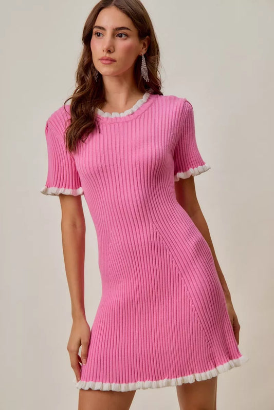SO ME Contrast Ruffled Sweater Knit Mini Dress in PINK WHITE - photo