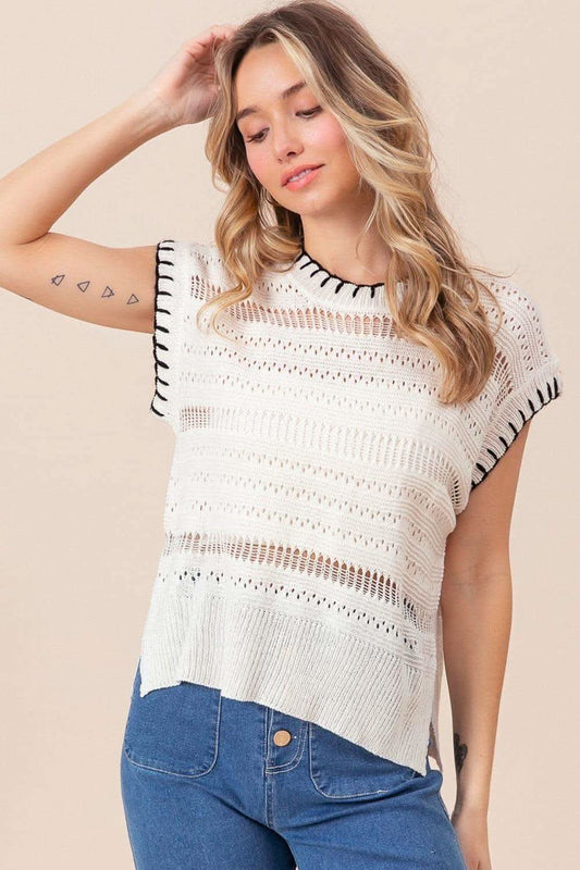 BiBi Stitch Edge Pointelle Side Slit Sweater Vest in Ivory Black - Vests photo