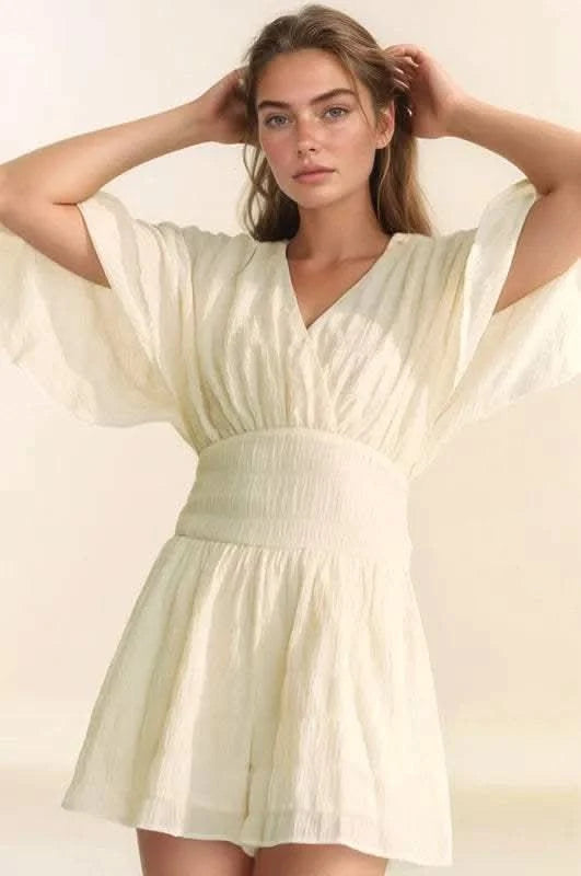 Davi & Dani Batwing Sleeve Waist Belt Romper in Cream - photo