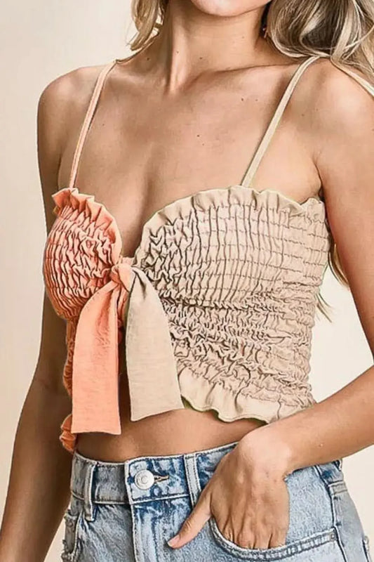 BiBi Woven Color Block Smocked with Ribbon Bra Top in PEACH OATMEAL - photo
