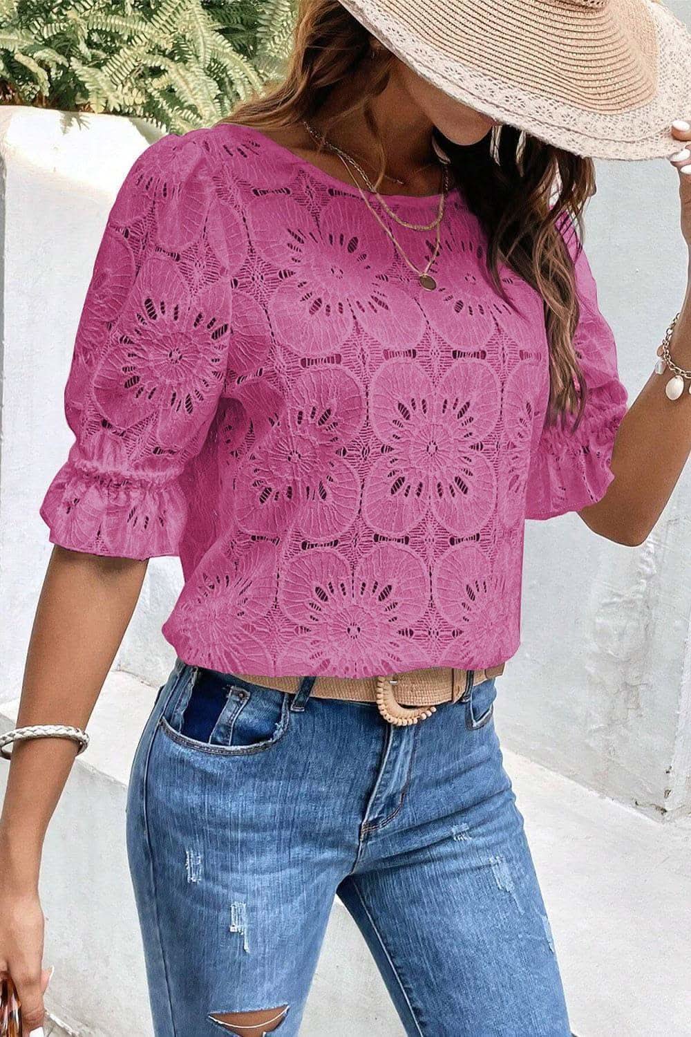 Christie Round Neck Flounce Sleeve Blouse - SwagglyLife Home & Fashion