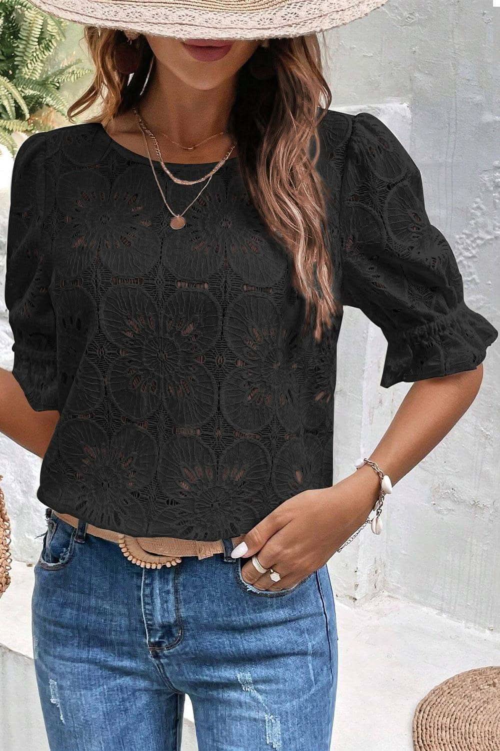 Christie Round Neck Flounce Sleeve Blouse in Black - Blouse photo