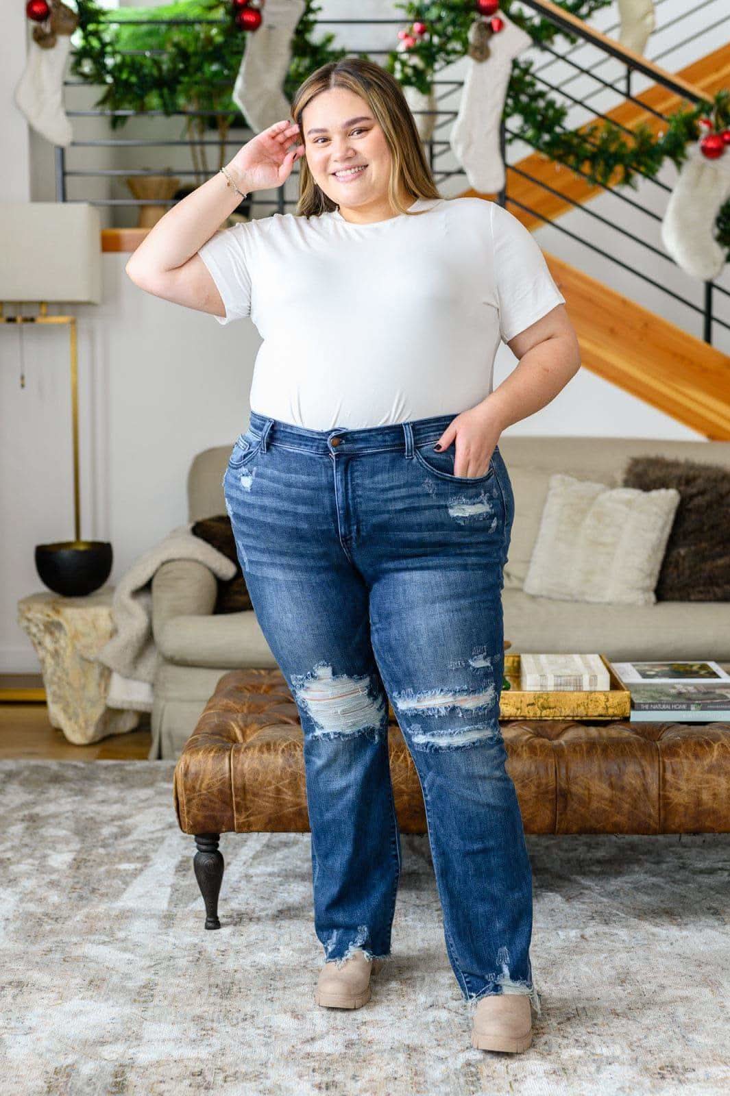 Christine High Contrast Slim Bootcut Destroyed Jeans in - Denim photo