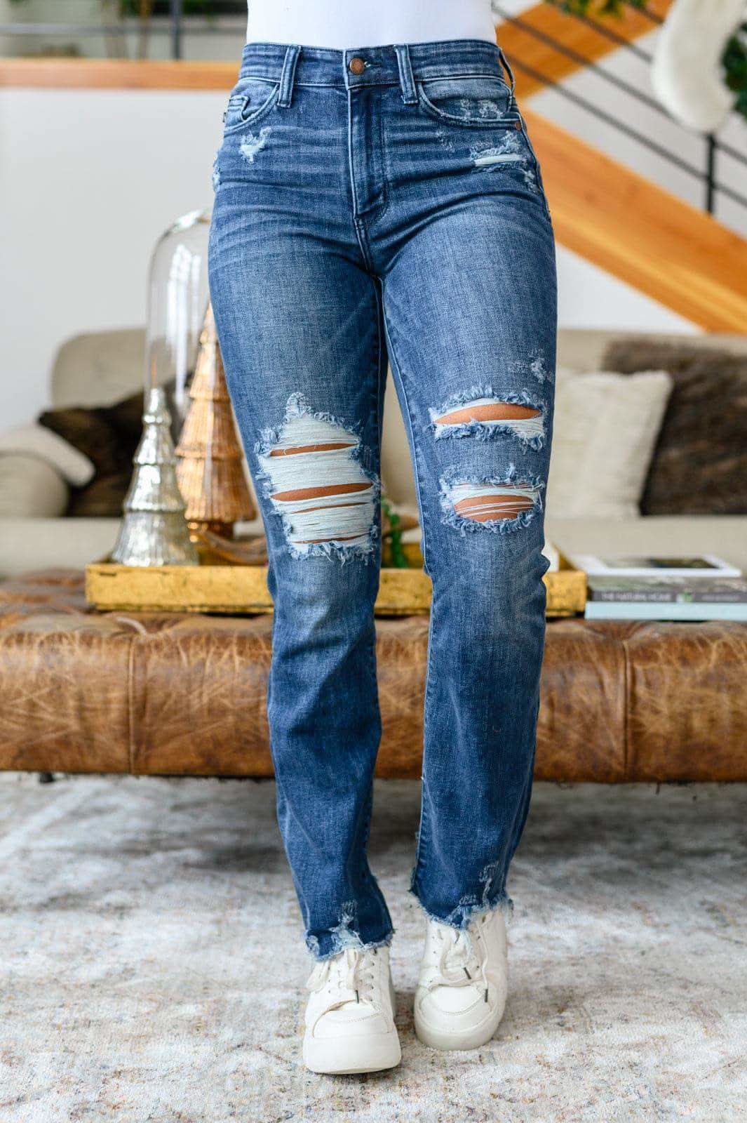 Christine High Contrast Slim Bootcut Destroyed Jeans in - Denim photo