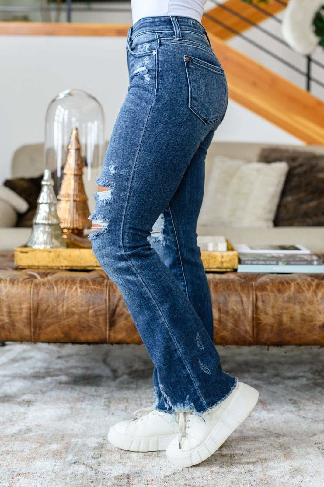 Christine High Contrast Slim Bootcut Destroyed Jeans in - Denim photo