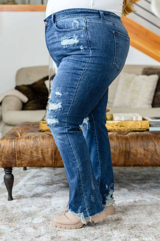 Christine High Contrast Slim Bootcut Destroyed Jeans in - Denim photo