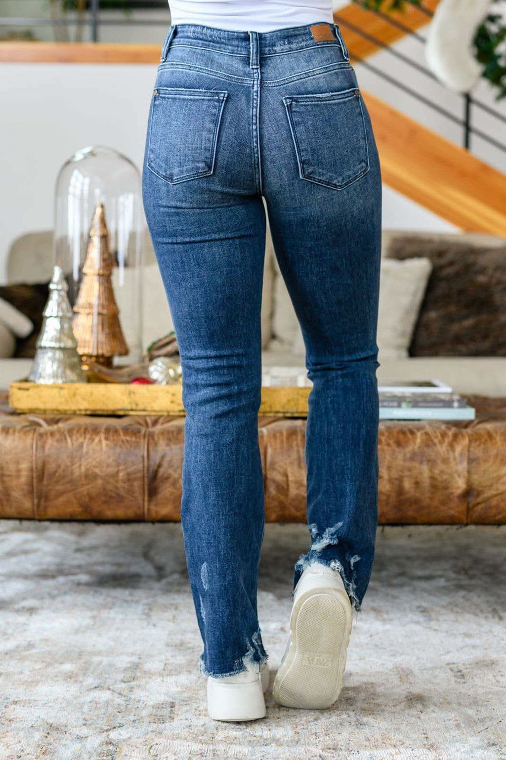 Christine High Contrast Slim Bootcut Destroyed Jeans in - Denim photo