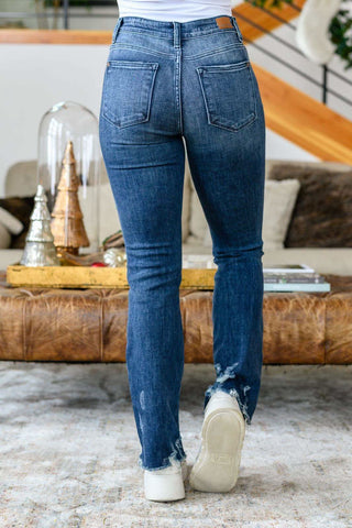 Christine High Contrast Slim Bootcut Destroyed Jeans in - Denim photo