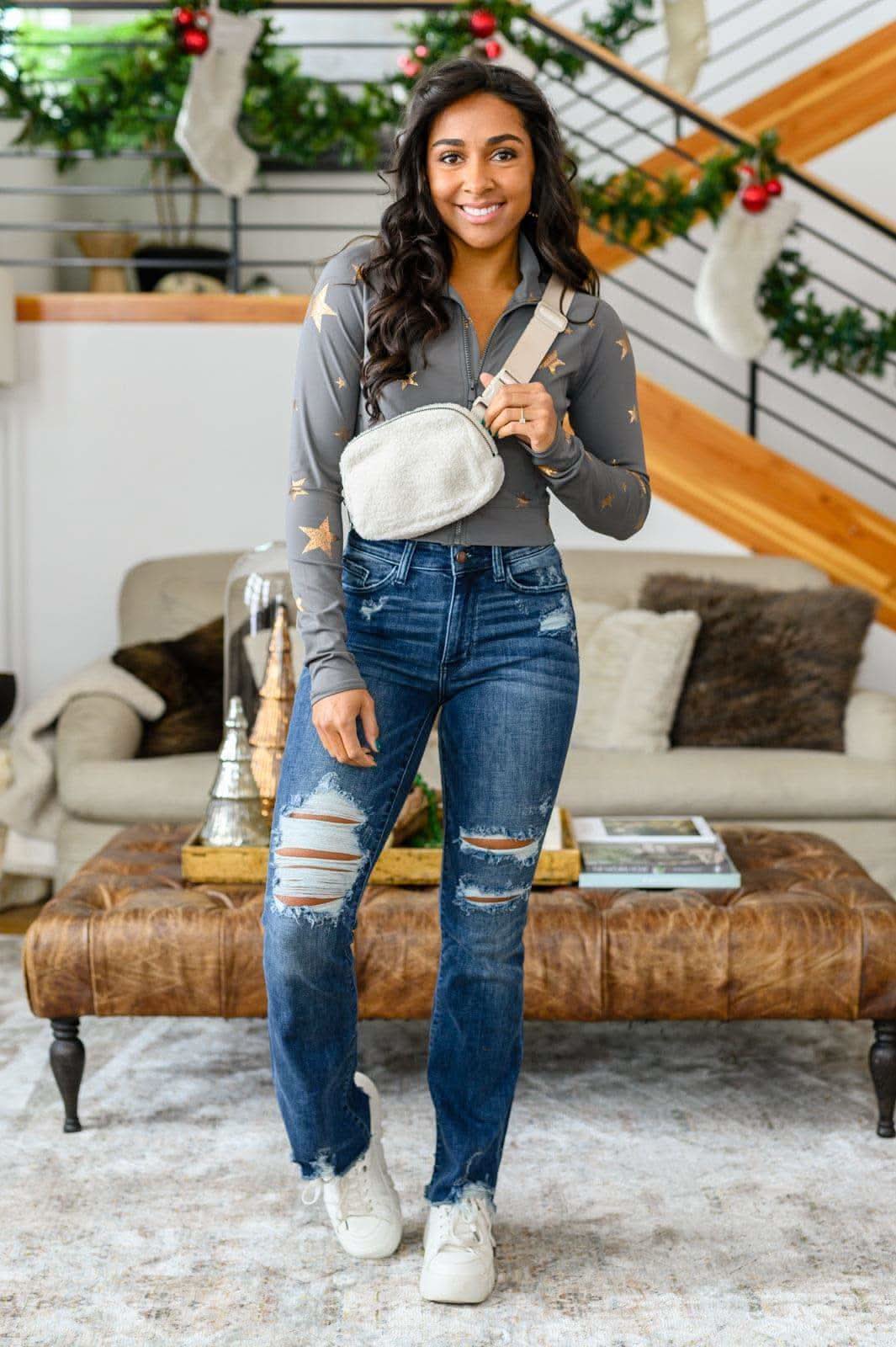 Christine High Contrast Slim Bootcut Destroyed Jeans in - Denim photo