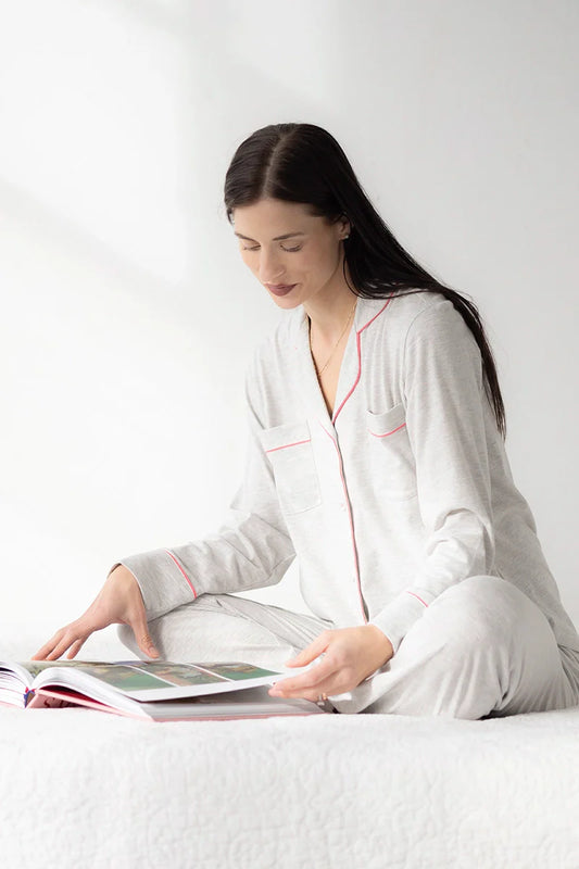 Classic Luxury Pajamas in Brushed Pima Cotton in Heather Grey Neon Pink - PAJAMAS photo