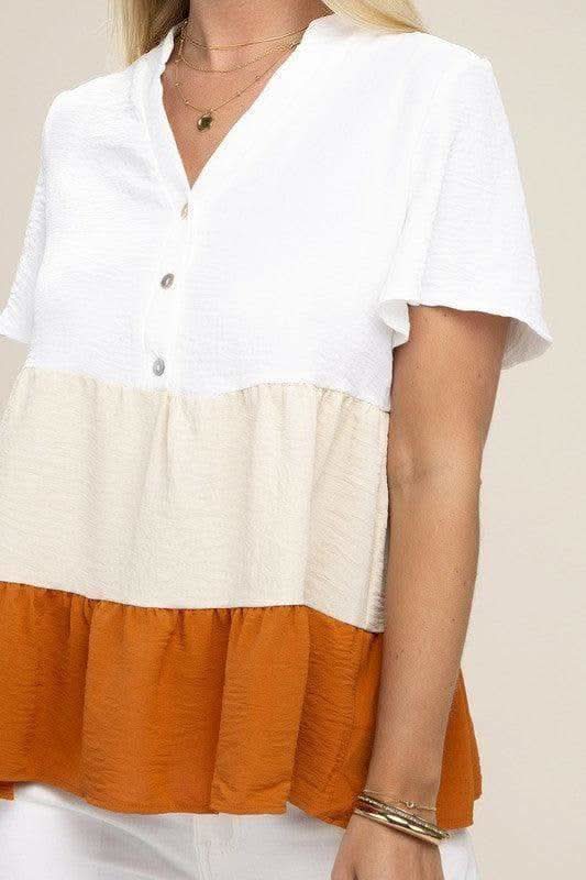 Color Block Notched Neck Blouse - SwagglyLife Home & Fashion
