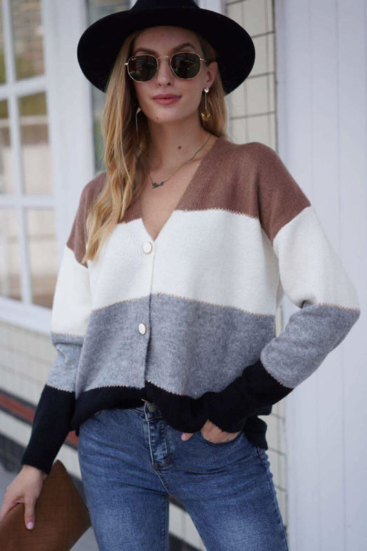 Color Block V-Neck Button Down Cardigan, Multiple Colors in Black - Shirts & Tops photo