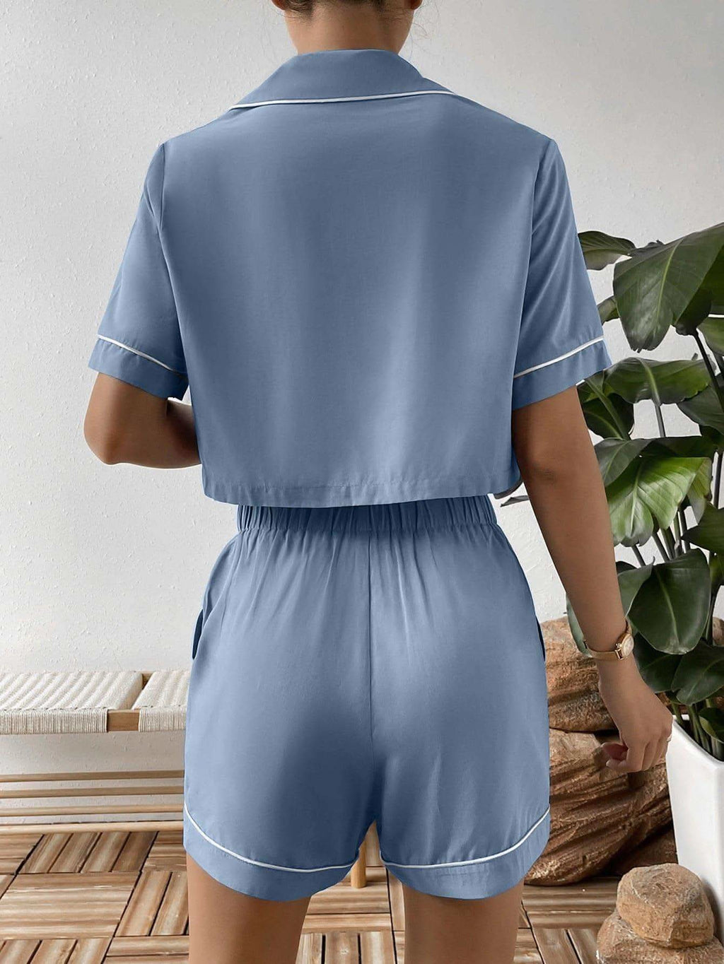 Contrast Lapel Collar Cropped Shirt and Shorts Lounge Set - SwagglyLife Home & Fashion