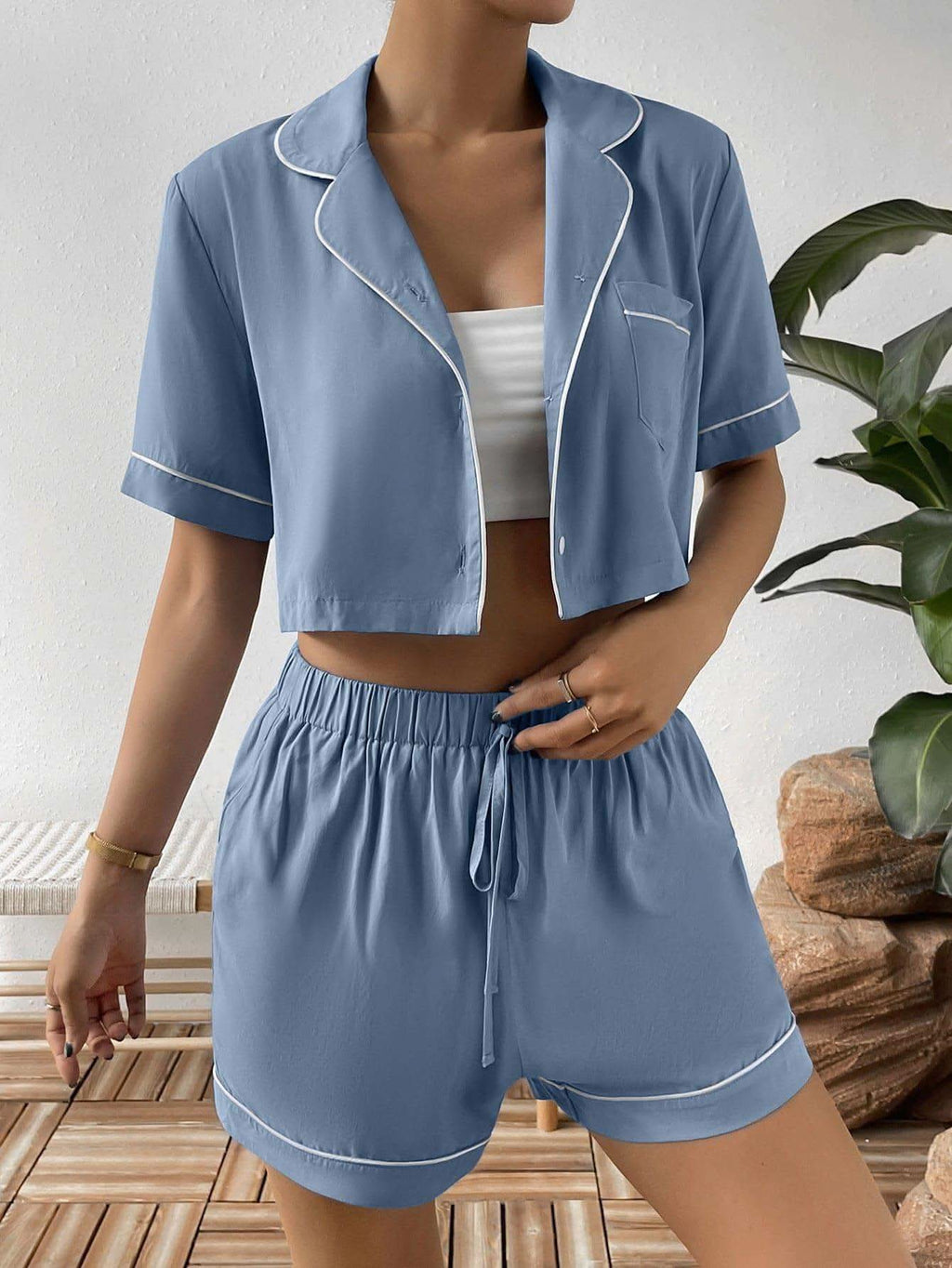 Contrast Lapel Collar Cropped Shirt and Shorts Lounge Set - SwagglyLife Home & Fashion