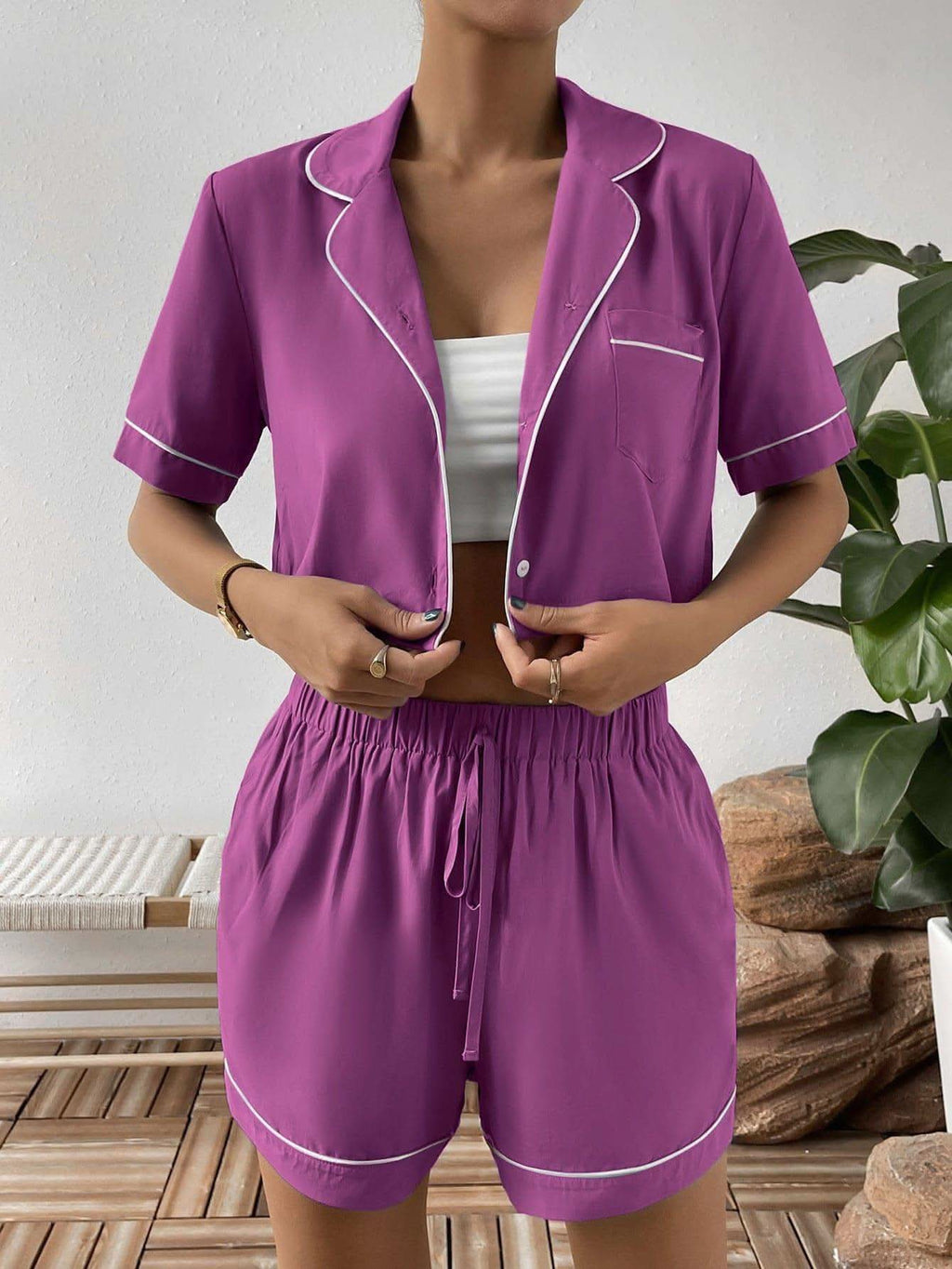 Contrast Lapel Collar Cropped Shirt and Shorts Lounge Set - SwagglyLife Home & Fashion