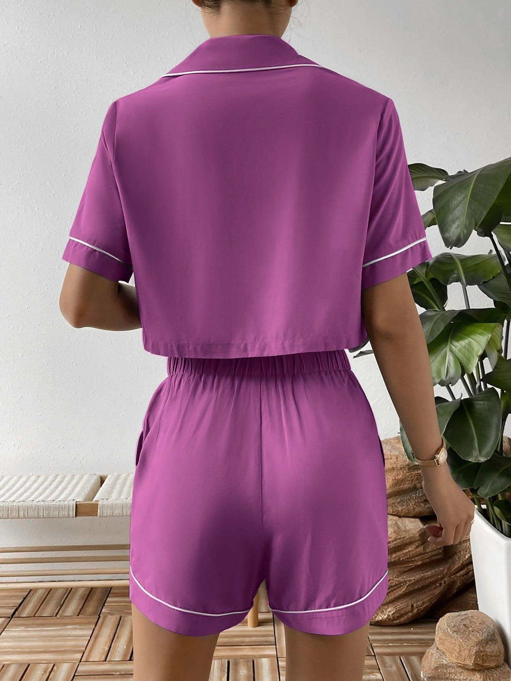 Contrast Lapel Collar Cropped Shirt and Shorts Lounge Set - SwagglyLife Home & Fashion