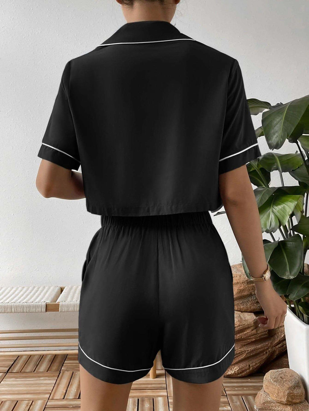 Contrast Lapel Collar Cropped Shirt and Shorts Lounge Set - SwagglyLife Home & Fashion