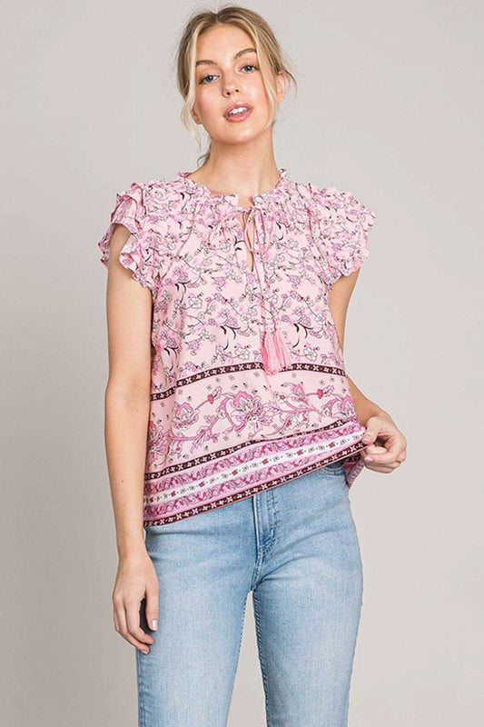 Cotton Bleu by Nu Lab Print Ruffle Sleeve Detail Blouse in Pink - Shirts & Tops photo
