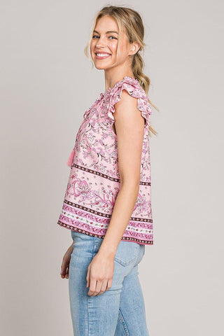 Cotton Bleu by Nu Lab Print Ruffle Sleeve Detail Blouse - SwagglyLife Home & Fashion