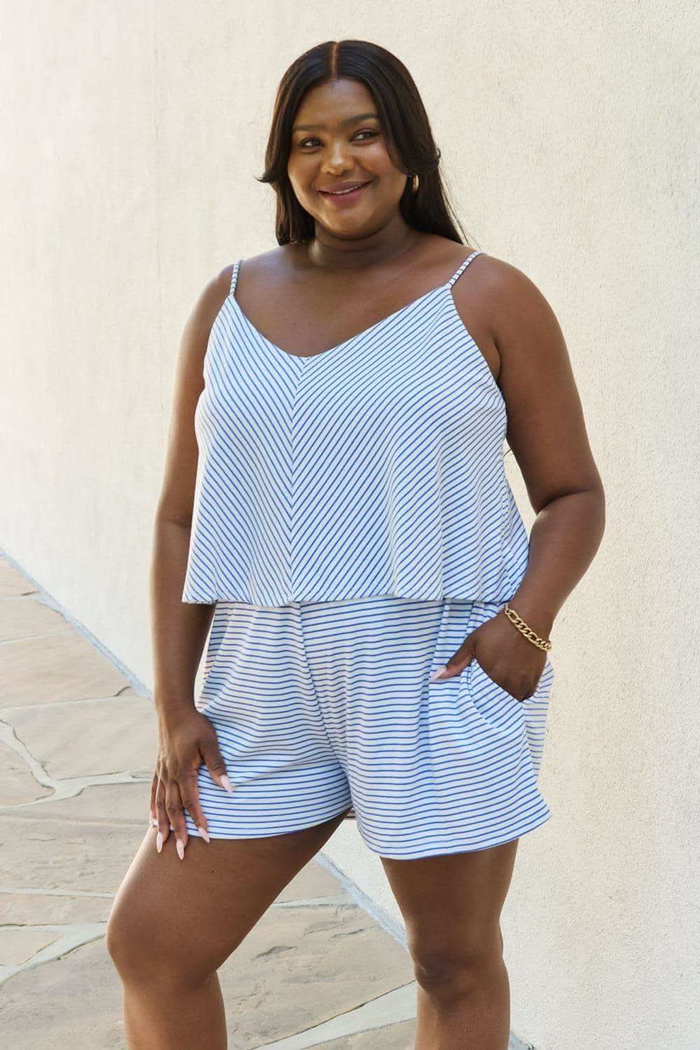 Culture Code Let It Happen Full Size Double Flare Striped Romper in Cobalt Blue - SwagglyLife Home & Fashion