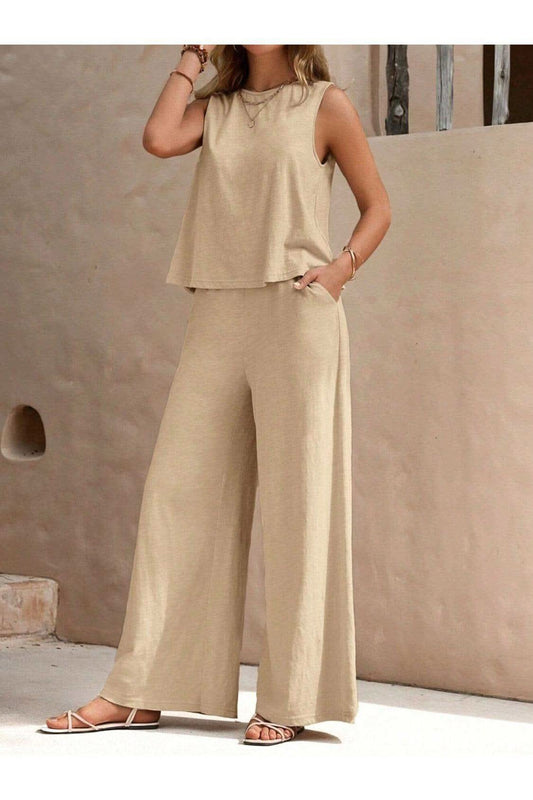 Round Neck Sleeveless Top and Wide Leg Pants Set in Beige - Outfit Sets photo