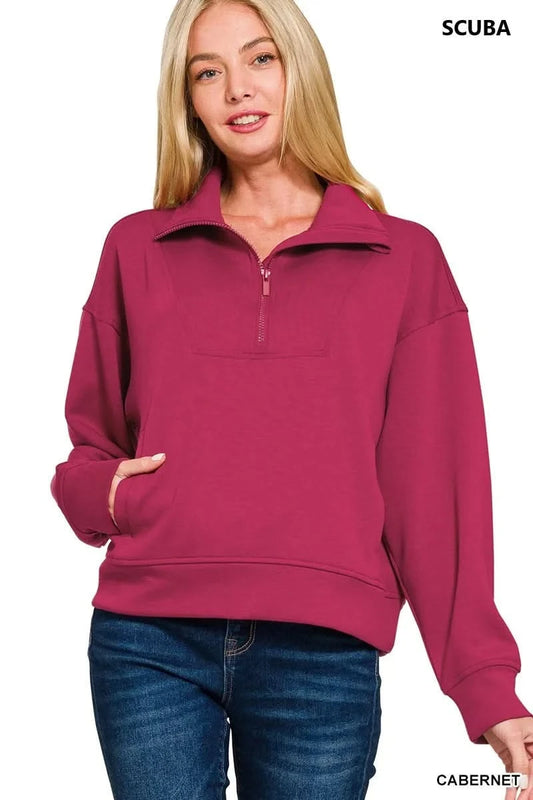 Zenana Scuba Half Zip Sweatshirt with Pockets in - photo