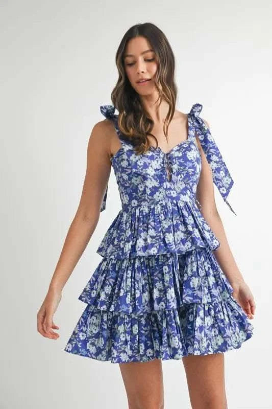 MABLE Floral Print Shoulder Tie Layered Mini Dress, Royal Blue / S