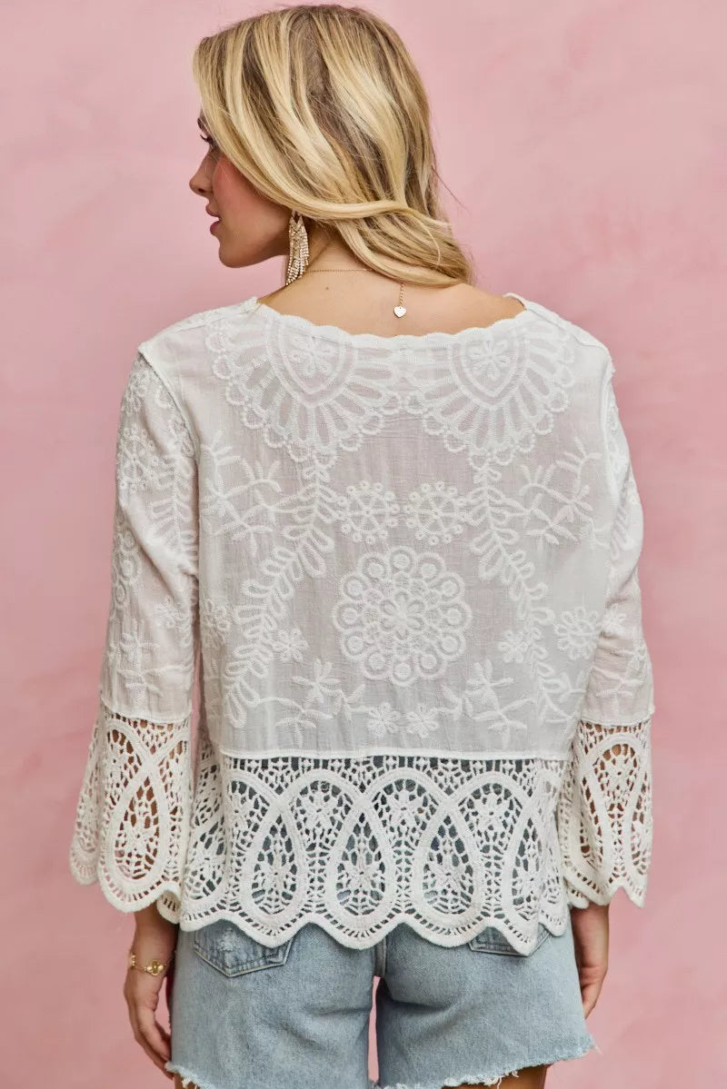 SO ME Floral Embroidered Crochet Lace Trimmed Top in - photo