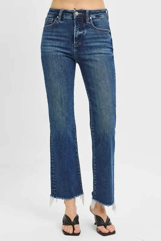 RISEN Full Size Tummy Control High Rise Crop Straight Raw Cut Hem Jeans Plus Size in DARK - photo