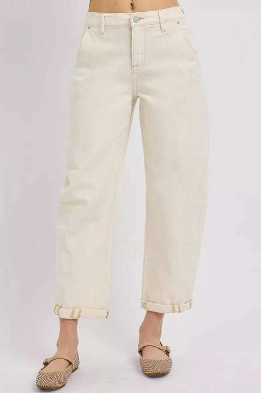 RISEN High Rise Relaxed Barrel Cuffed Jeans in - photo