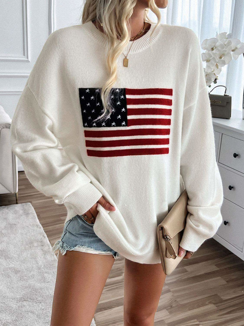 Devine US Flag Round Neck Long Sleeve Knit Top - SwagglyLife Home & Fashion