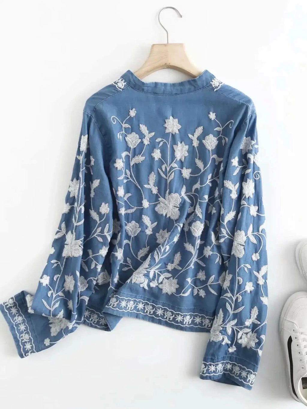 Floral Embroidered Button Up Denim Shirt - SwagglyLife Home & Fashion