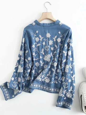 Floral Embroidered Button Up Denim Shirt - SwagglyLife Home & Fashion