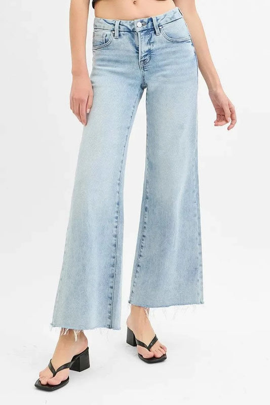 RISEN Full Size Tummy Control Low Rise Wide Leg Raw Cut Hem Jeans Plus Size in LIGHT - photo