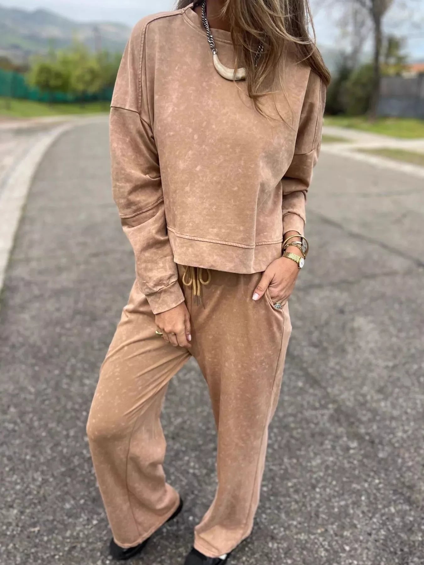 Full Size Washed Round Neck Top and Drawstring Pants Set Plus Size - SwagglyLife Home & Fashion