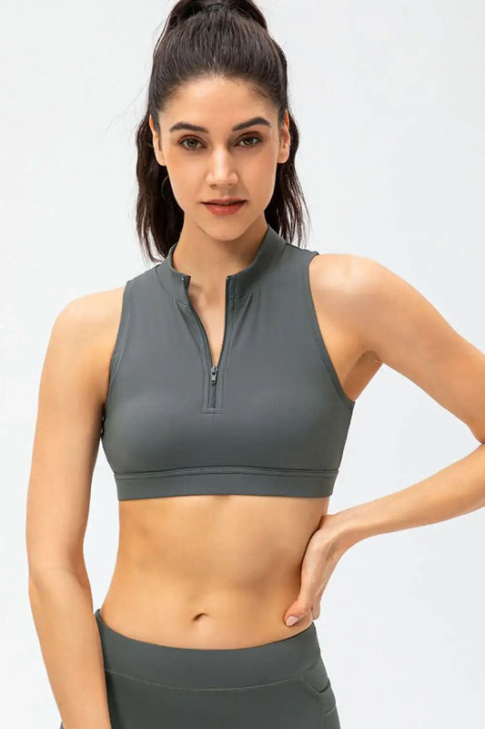 Full Size Cropped Cutout Back Zipper Front Active Tank Top in Cloudy Blue - photo