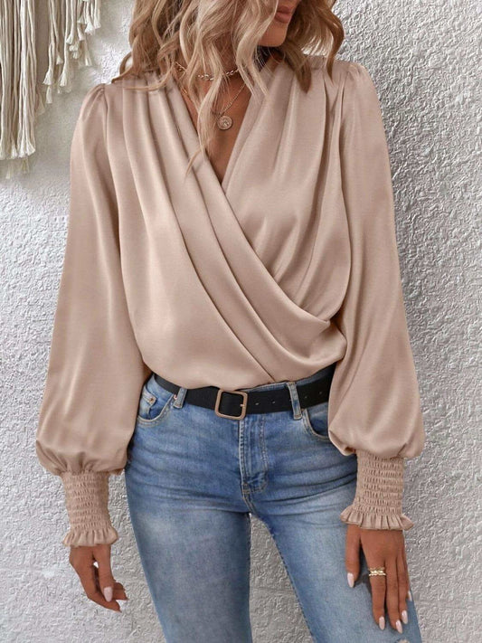 Surplice Smocked Lantern Sleeve Blouse in Tan - Blouses photo