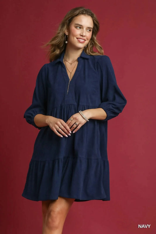 Umgee Tiered Corduroy Mini Dress with Balloon Sleeves in Navy - photo