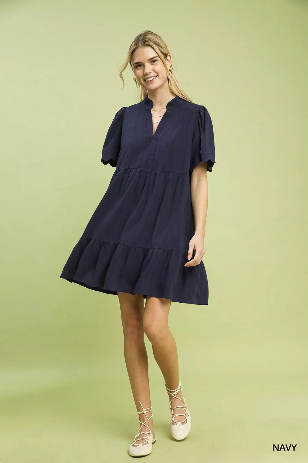 Umgee Linen Tiered Babydoll Dress with Scalloped Sleeves in - photo