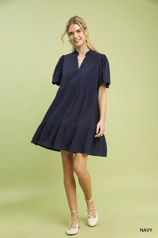 Umgee Linen Tiered Babydoll Dress with Scalloped Sleeves in - photo