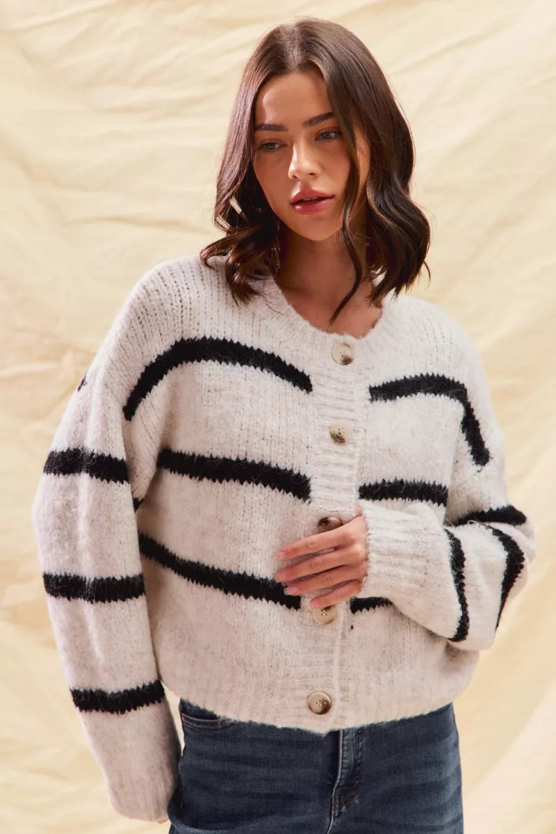 SO ME Stripe Soft Touch Button Cozy Sweater Cardigan in - photo