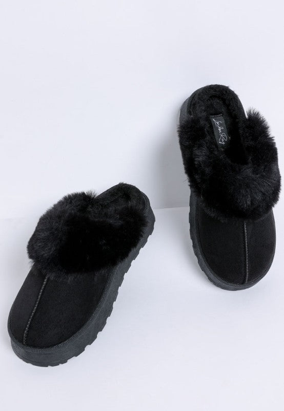 Portho Faux Fur Slip Ons in Black - photo