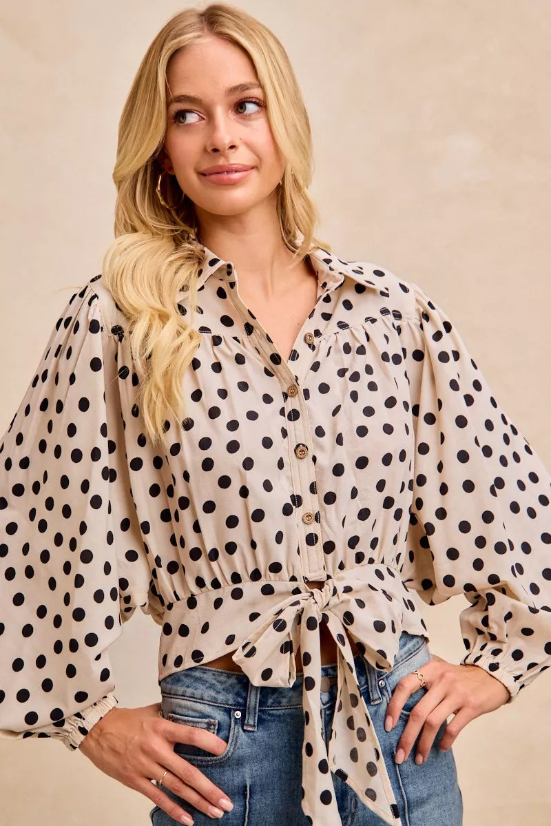 BiBi Polka Dot Print Tie Hem Detail Crop Shirt in - photo