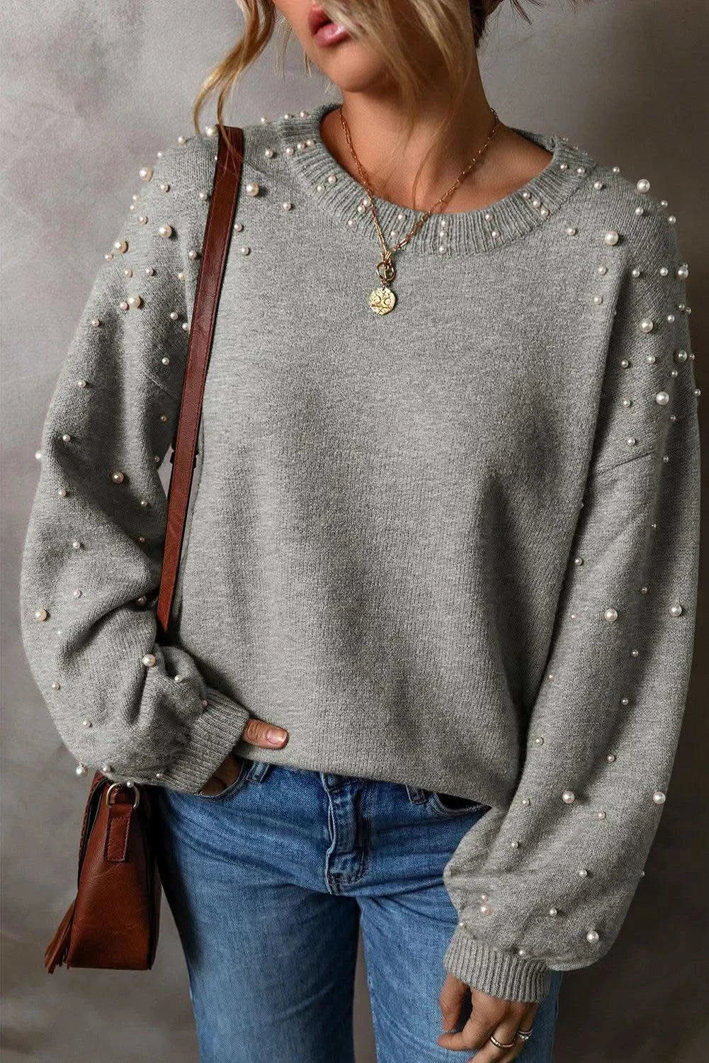Pearl Detail Round Neck Long Sleeve Sweater - SwagglyLife Home & Fashion