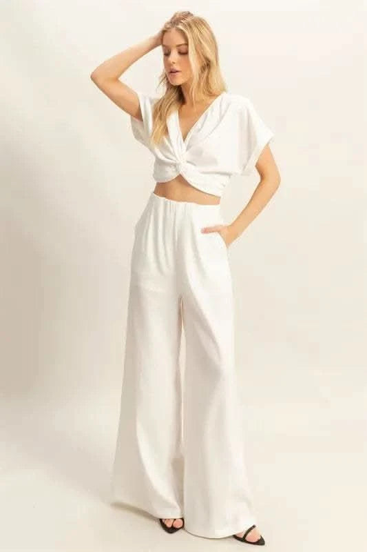 HYFVE Twisted Front Short Sleeve Top and Wide Leg Pants Set in Off White - photo