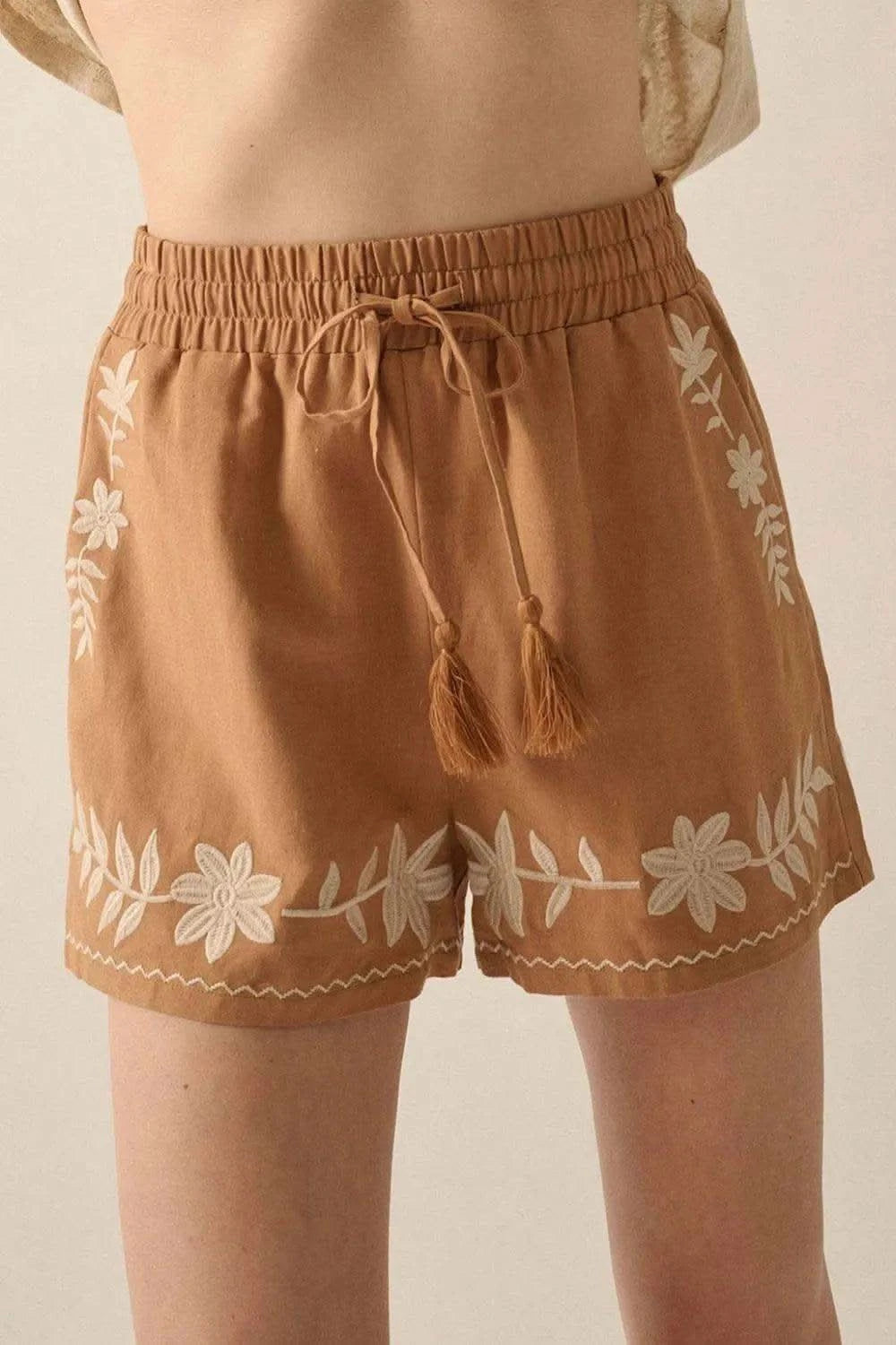 Embroidered Boho Tasseled Drawstring Elastic Waist Casual Shorts - SwagglyLife Home & Fashion