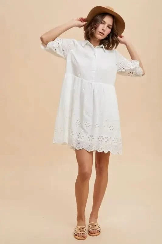 Annie Wear Embroidered Scallop Edge Detail Mini Shirt Dress - SwagglyLife Home & Fashion