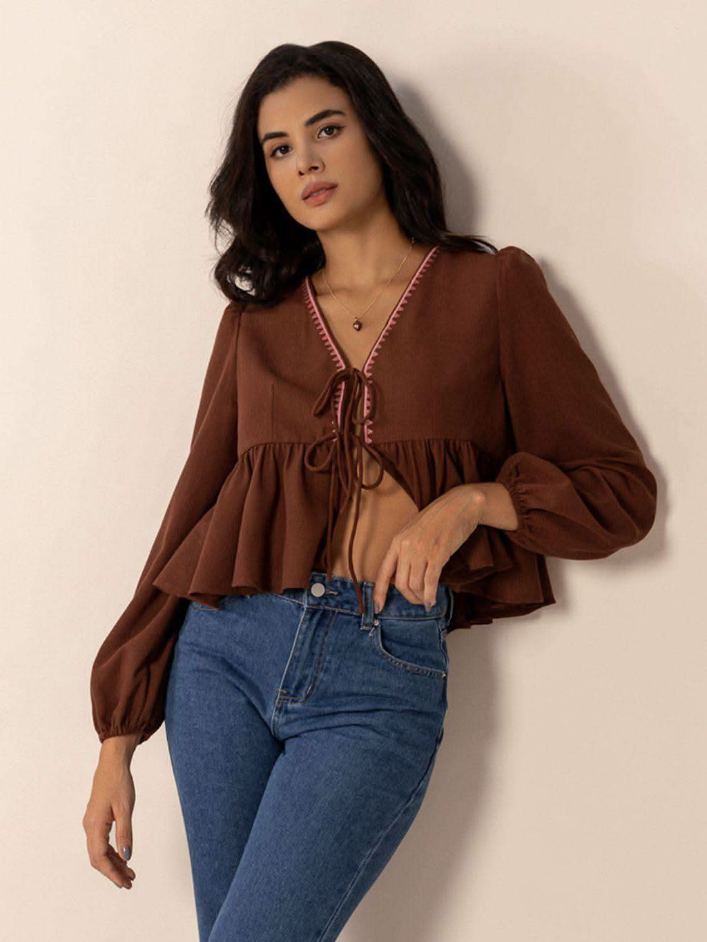 Peplum Tied V-Neck Long Sleeve Blouse - SwagglyLife Home & Fashion
