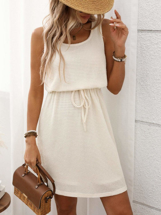 Waffle-Knit Drawstring Mini Tank Dress in - Dresses photo